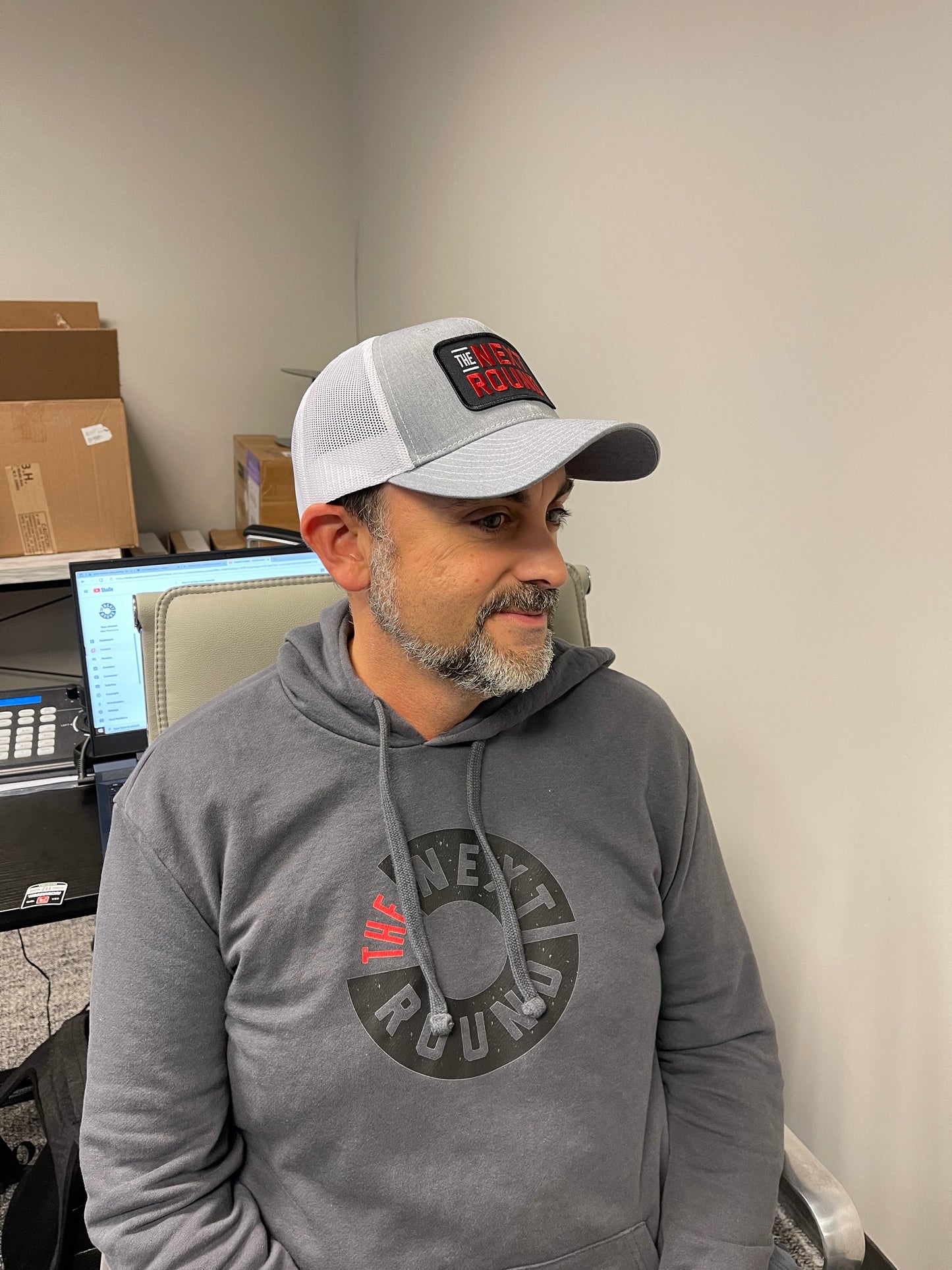 Next Round Patch Trucker Hat (Gray/White)